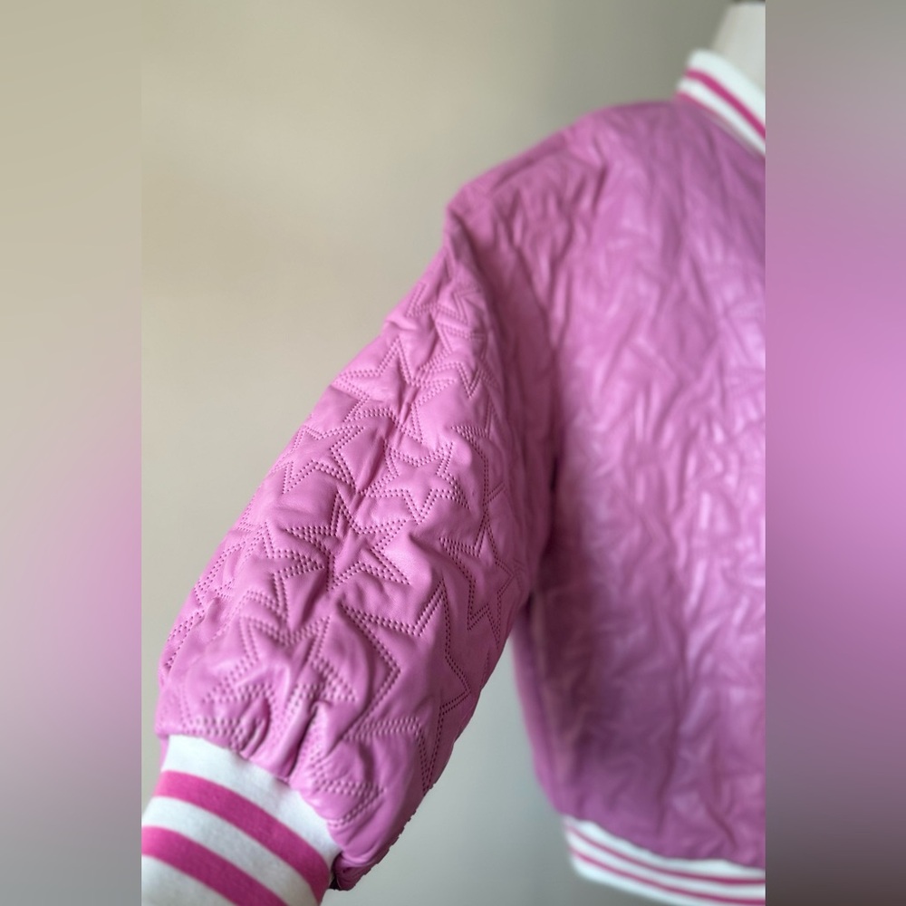 PU leather Stars Pink Bomber Jacket - Picture 4 of 12